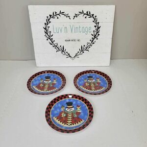 Garden Ridge Snowman Dessert Plates Holiday‎ Appetizer Checkerboard Border